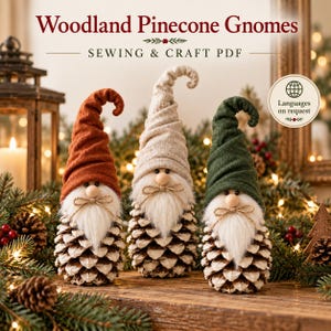 Peut inclure: Trois figurines de gnomes avec des corps en pomme de pin, des barbes en fausse fourrure blanche et de hauts bonnets en tissu rouille, beige et vert foncé. Le texte indique Woodland Pinecone Gnomes SEWING & CRAFT PDF et Languages on request.