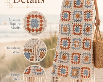 Patrón de falda maxi de crochet en PDF, falda cuadrada estilo abuela bohemia, pareo de verano para la playa, cintura con cordón y dobladillo con flecos, descarga instantánea.