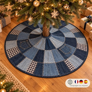 Denim Christmas Tree Skirt Sewing Pattern PDF, 3 Sizes, Patchwork Quilt with Pockets, Festive Decor Craft And Art Work, Instant Download