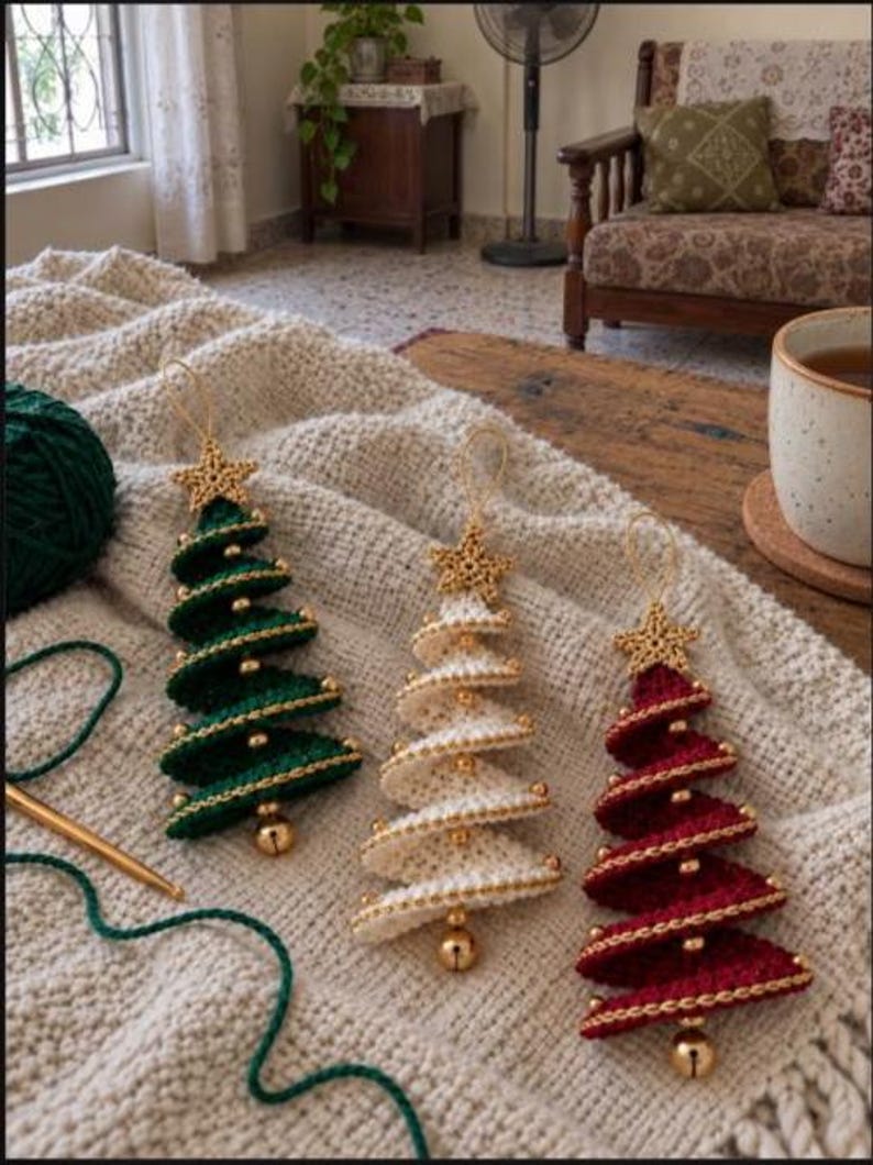 May include: Three spiral-shaped crochet Christmas tree ornaments in dark green, cream, and deep red. Each tree features a gold crocheted star at the top, small gold beads along the edges, and a gold jingle bell hanging from the bottom point.