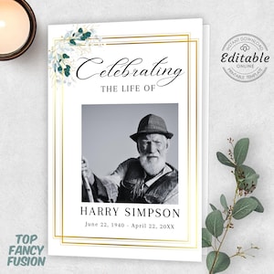 Może przedstawiać: Biała karta pamięci z pozłacaną ramką i czarno-białym zdjęciem mężczyzny z brodą i kapeluszem. Na karcie nadrukowany jest tekst "Celebrating the Life of Harry Simpson June 22, 1940 - April 22, 20XX".