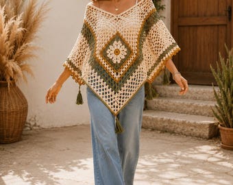 Patrón de poncho Boho Bloom a crochet en PDF / Top de encaje floral a crochet / Cubrebaño de playa de verano / Patrón de poncho para mujer (descargable)