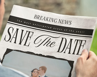 Newspaper Save The Date Template | Wedding Announcement (Canva)