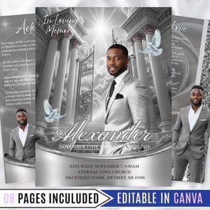 May include: A memorial announcement with a portrait of a man in a gray suit, set against a backdrop of a classical architectural design. The announcement includes the name "Alexander", dates, and service details. The words "In Loving Memory" are displayed.