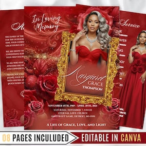May include: A memorial service announcement with a red and gold color scheme. The design includes a portrait in a gold frame, roses, and text that reads "In Loving Memory" and "A Life of Grace, Love, and Light."