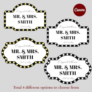 Pode incluir: Quatro designs de anúncios de casamento com os nomes "Mr. & Mrs. Smith" e "Jack & Amy". Cada design tem um fundo branco com uma borda preta ou dourada e detalhes de lâmpadas. O texto "Congrats to the new" está acima dos nomes.