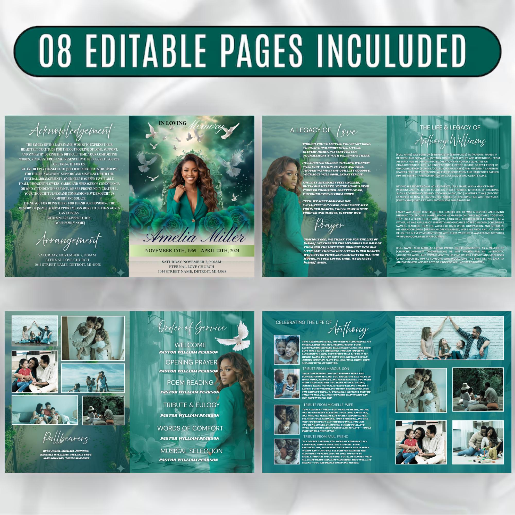 Green Roses Funeral Program Template, 8-page Editable Memorial, Canva ...