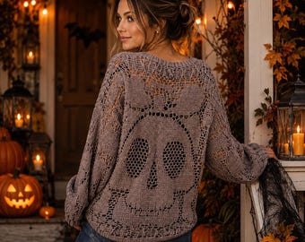 Patrón PDF de suéter de ganchillo filet con calavera, jersey de malla de Halloween, top gótico de encaje, camisa de calavera extragrande, ganchillo espeluznante