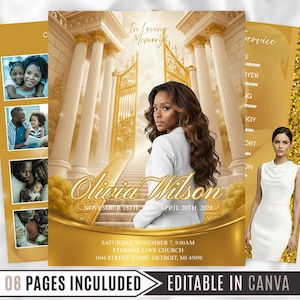 Peut inclure: Un modèle de service commémoratif aux tons dorés. Le design présente une femme en blazer blanc, un escalier menant à des portes dorées et le nom "Olivia Wilson". Des pages supplémentaires incluent des photos de famille et les détails du service. Le modèle est modifiable dans Canva.