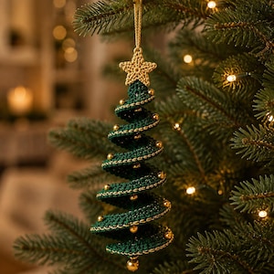 May include: A spiral-shaped Christmas tree ornament made of dark green crocheted yarn, featuring a gold-colored star at the top and small gold beads attached along the edges of the spiral. A gold string loop is attached to the star.