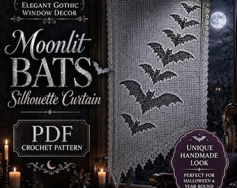 Patrón de cortina de ganchillo Murciélagos a la luz de la luna en PDF, ganchillo filet de Halloween, decoración gótica para ventanas, cortina de encaje con silueta de murciélago, patrón para principiantes