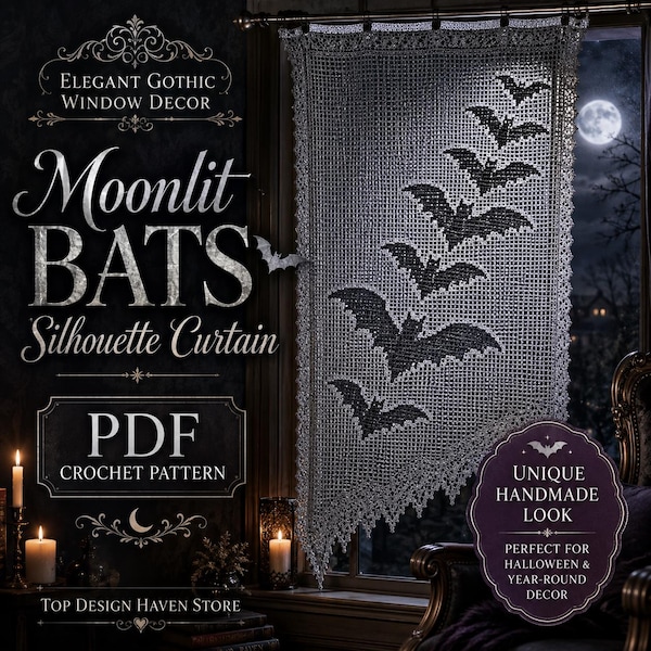 Moonlit Bats Crochet Curtain Pattern PDF, Halloween Filet Crochet, Gothic Window Decor, Bat Silhouette Lace Curtain, Beginner Pattern