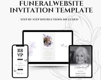 Invitación minimalista para sitio web funerario con confirmación de asistencia, celebración de vida DIY, invitación de obituario editable en Canva, plantilla conmemorativa, descarga instantánea