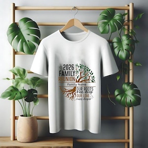 May include: White t-shirt with a family reunion design. The design includes the text "2026 Family Reunion", a tree graphic, and the phrase "Our roots run deep, our love runs deeper". The shirt is hanging on a wooden rack.