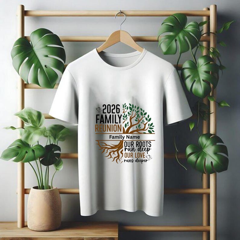 May include: White t-shirt with a family reunion design. The design includes the text "2026 Family Reunion", a tree graphic, and the phrase "Our roots run deep, our love runs deeper". The shirt is hanging on a wooden rack.