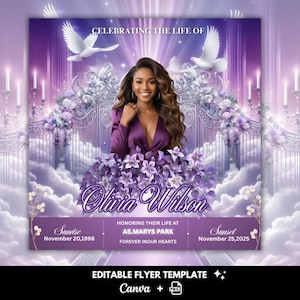 Könnte beinhalten: Eine lila-weiße Gedenkflyer-Vorlage mit einer Frau in einem lila Kleid, Tauben und Blumenarrangements. Der Flyer enthält den Text "Celebrating the Life of Olivia Wilson" und Daten für Sonnenaufgang und Sonnenuntergang.