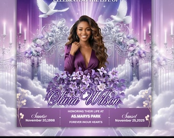 Volante de anuncio de funeral: Plantilla morada, elegante plantilla conmemorativa (Canva), descarga digital