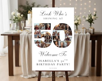 50th Birthday Photo Collage Welcome Sign, Canva Template (Digital Download)