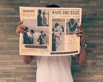 パーソナライズされた新聞のSave the Dateテンプレート、婚約発表（Canva招待状）