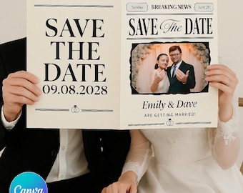 Newspaper Save The Date Template, Wedding Announcement (Canva Editable, Digital Download)