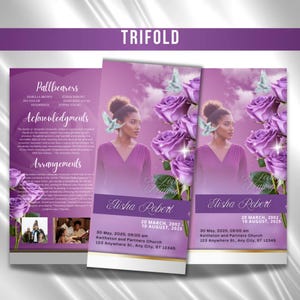 Puede incluir: Una tarjeta conmemorativa tríptica púrpura con el nombre "Elisha Robert" y fechas. El diseño incluye una foto de una mujer, rosas moradas y texto. La tarjeta es para un servicio conmemorativo.
