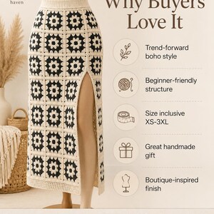 Daisy Granny Square Skirt Crochet Pattern PDF, Floral Crochet Maxi Skirt, Side Slit Skirt Pattern, Boho Summer Skirt XS-3XL Digital Download image 6