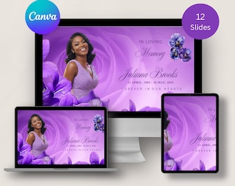 Plantilla de diapositivas morada para funerales - Crea tu propia presentación de diapositivas para la celebración de la vida, plantilla de video conmemorativo para mujeres, descarga instantánea