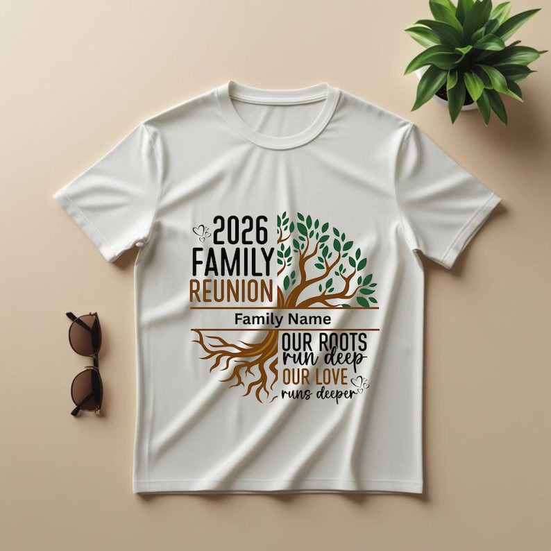 May include: White t-shirt with a family reunion design. The design features a tree with roots and leaves, the text "2026 Family Reunion", and the phrase "Our Roots Run Deep, Our Love Runs Deeper".