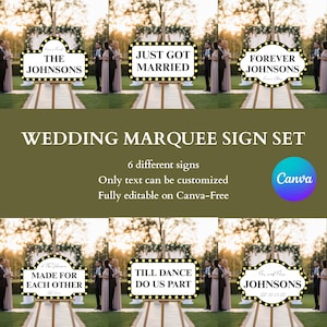 Könnte beinhalten: Ein Set von Hochzeits-Marquee-Schildern mit schwarzen Rändern und gelben Lichtern. Die Schilder zeigen Sätze wie "The Johnsons", "Just Got Married" und "Forever Johnsons". Sie sind auf hölzernen Staffeleien montiert.