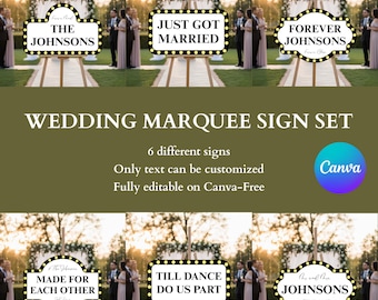 May include: A set of wedding marquee signs, each with a black border and yellow lights. The signs display phrases like "The Johnsons", "Just Got Married", and "Forever Johnsons". They are mounted on wooden easels, perfect for a wedding.