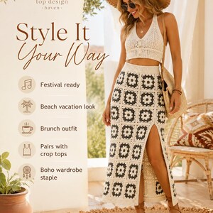 May include: A two-piece crochet outfit consisting of a cream-colored halter crop top with buttons and a matching high-waisted maxi skirt featuring a repeating black and cream floral granny square pattern with a high side slit and a straw shoulder bag.
