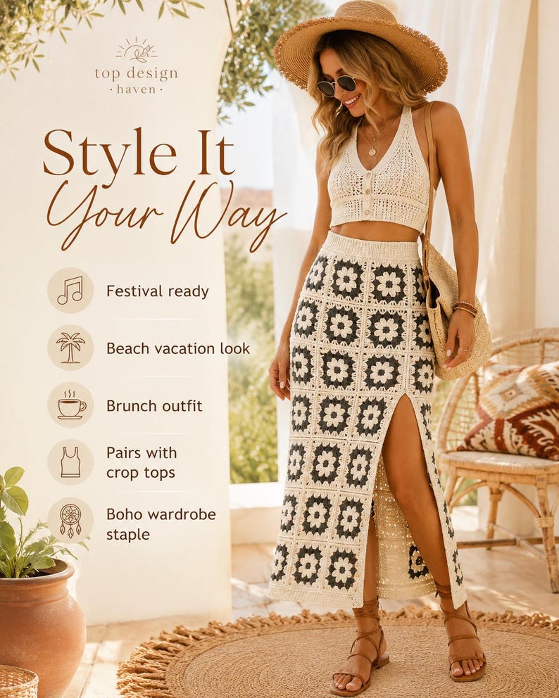 May include: A two-piece crochet outfit consisting of a cream-colored halter crop top with buttons and a matching high-waisted maxi skirt featuring a repeating black and cream floral granny square pattern with a high side slit and a straw shoulder bag.