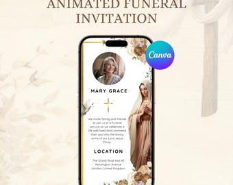 Video animado de anuncio de funeral católico español, invitación animada para celebración de vida, plantilla editable de Canva, descarga digital,