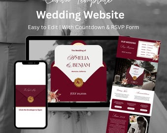 Sitio web de invitación digital de boda con diseño floral de la vieja aristocracia en color burdeos: Confirmación de asistencia en línea, música, cuenta regresiva, reserva de fecha (plantilla de Canva).