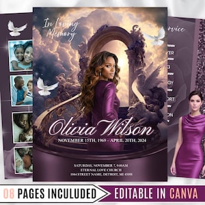 May include: A memorial service template with a central image of a woman in a purple dress, set against a backdrop of clouds and architectural details. The text "In Loving Memory" and the name "Olivia Wilson" are prominently displayed, along with dates and service details. Includes the text "08 PAGES INCULUDED EDITABLE IN CANVA".