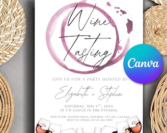 May include: A white invitation card with the text "Wine Tasting" in black script, featuring a purple wine stain design. The card includes event details and a "Canva" logo. The invitation is 12.7 x 17.8 cm.