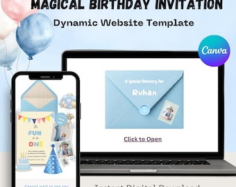 Plantilla de invitación para sitio web de cumpleaños de bebé / Invitación digital editable en Canva, sitio web dinámico para fiesta de cumpleaños, RSVP y lista de deseos.