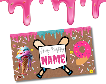 May include: A birthday card design with a brown background, featuring a baseball theme with crossed bats and a home plate that says "Happy Birthday NAME". Includes an ice cream cone and a donut. Pink frosting drips from the top.
