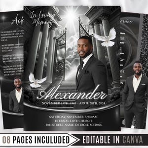 May include: A memorial service announcement in grayscale. The design includes a portrait of a man named Alexander, the dates 1969-2024, and service details. The words "In Loving Memory" and "Editable in Canva" are also included.
