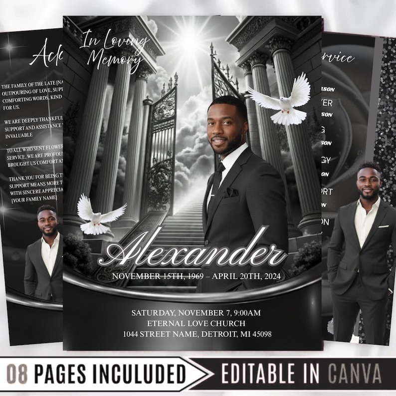 May include: A memorial service announcement with a grayscale design. The design features a portrait of a man named Alexander, the dates 1969-2024, and service details. The words "In Loving Memory" and "Editable in Canva" are also included.