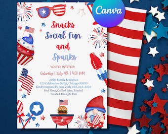 Modèle d'invitation modifiable du 4 juillet | Invitation à une soirée barbecue du jour de l'Indépendance | Faire-part de barbecue patriotique rouge blanc bleu Téléchargement immédiat