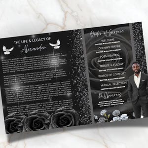 May include: A memorial service program with a black and white design. The left panel features text about the deceased, while the right panel lists the order of service and a photo of a man in a suit. Includes floral accents.