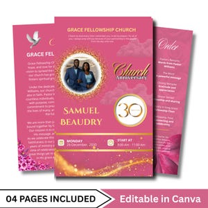 May include: A pink church anniversary flyer with the text "Grace Fellowship Church" and "Church Anniversary". The flyer includes a photo of two people, the name "Samuel Beaudry", and event details.