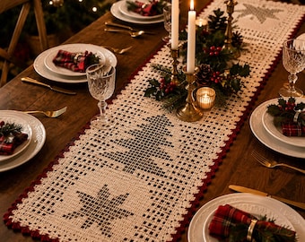 Patrón de ganchillo para camino de mesa navideño en PDF, camino de mesa con árbol y estrella en ganchillo filet, decoración navideña para principiantes, descarga instantánea.