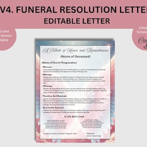 May include: A funeral resolution letter template with the text "A Tribute of Honor and Remembrance" and "A Life Well Lived". The document is editable and available in black and white. The template is designed in Canva.
