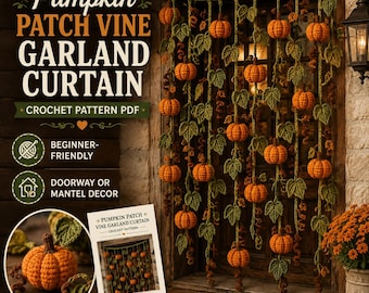 Patrón de cortina de ganchillo con guirnalda de enredaderas de calabazas en PDF, patrón de cortina de otoño para puerta, patrón de guirnalda de ganchillo para chimenea, decoración de otoño para el hogar en PDF