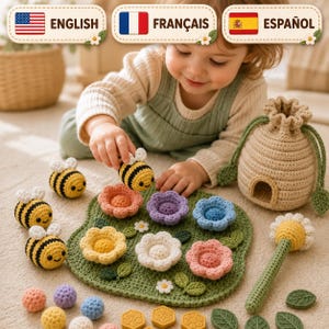 Patrón de ganchillo Montessori "Abeja Ocupada" en PDF, juego de polinización de jardín, tutorial digital de juguete educativo para niños, juguete de clasificación de colores de abeja, manualidades para niños