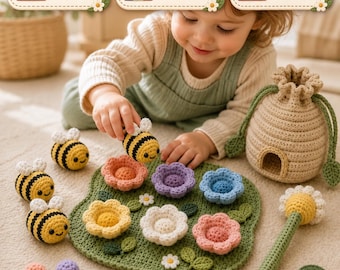 Patrón de ganchillo Montessori "Abeja Ocupada" en PDF, juego de polinización de jardín, tutorial digital de juguete educativo para niños, juguete de clasificación de colores de abeja, manualidades para niños