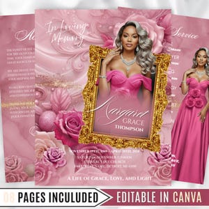 Könnte beinhalten: Rosa Gedenkservice-Vorlage mit einem Foto in einem goldenen Rahmen, Rosen und Text. Der Text enthält "In Loving Memory", "Margaret Grace Thompson" und Veranstaltungsdetails. Das Design ist in Canva editierbar.