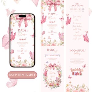 May include: Pink and white baby shower invitation design with floral and butterfly accents. The design includes the text "Baby in Bloom Anna" and "RSVP Trackable". The invitation is displayed on a smartphone and printed cards.